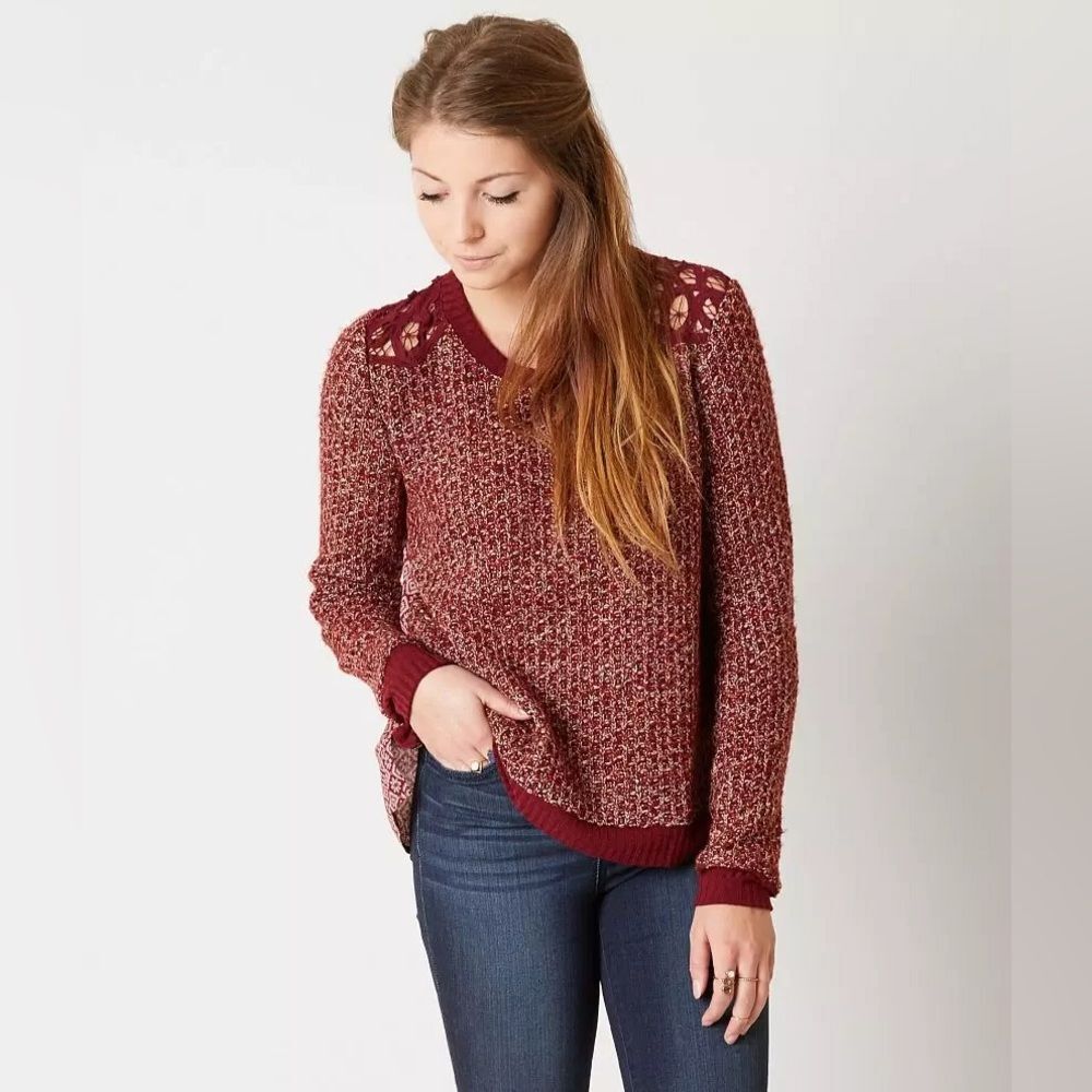 Miss Me Pieced Sweater Lace Details and Silk Back in Burgundy Red Size Small NWT